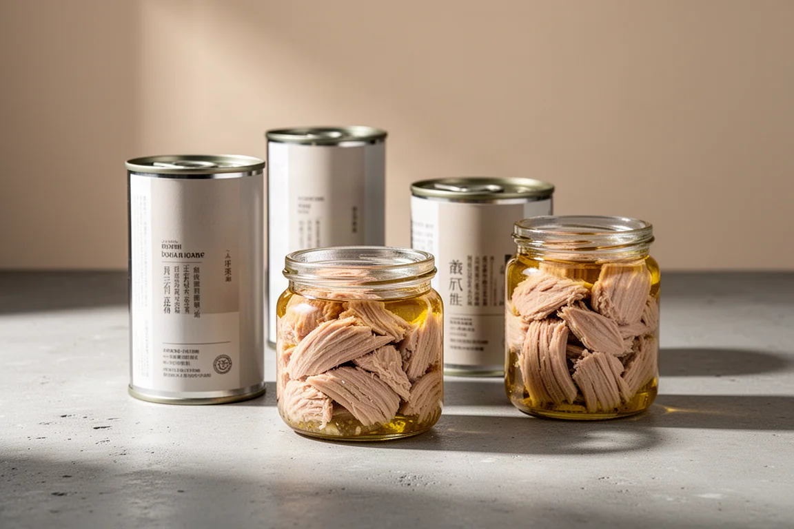 Canned tuna cans and glass jars of tuna in olive oil on a concrete surface