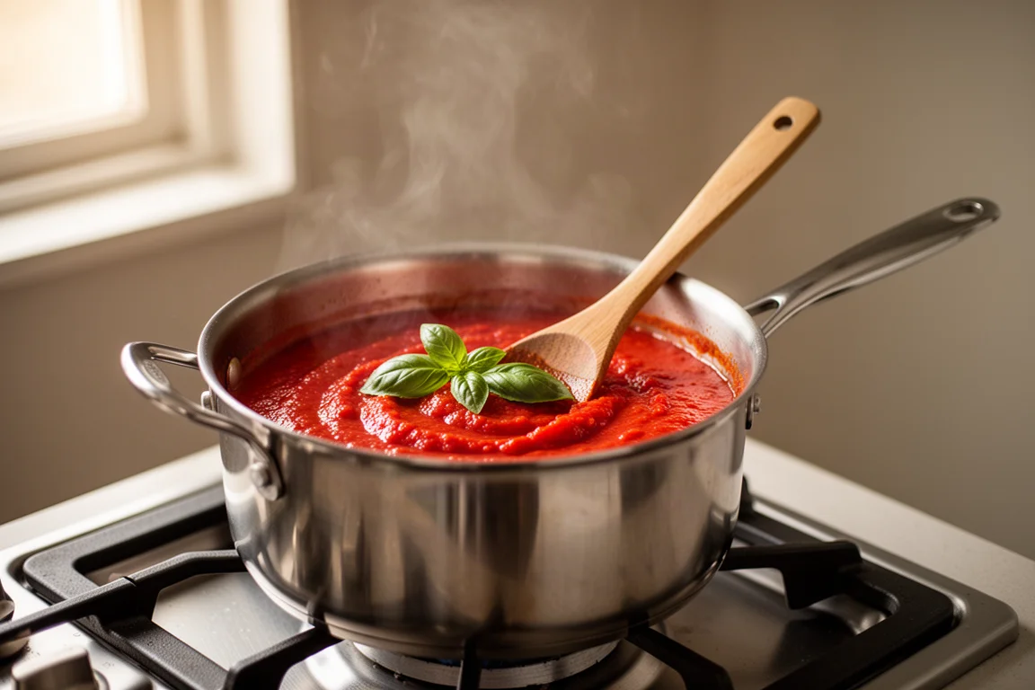 Una olla de salsa de tomate sencilla hirviendo a fuego lento en la estufa con hojas de albahaca