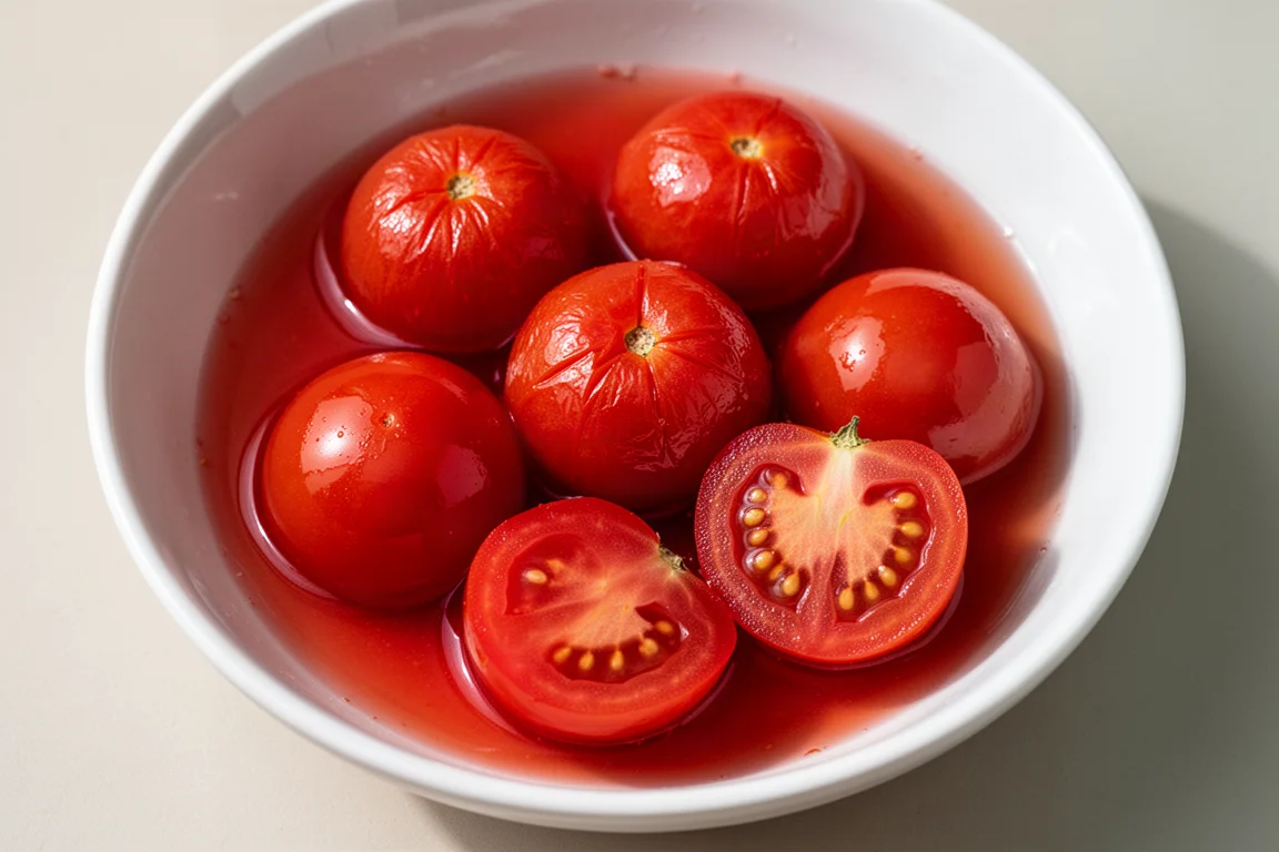 Tomates ciruela enteros pelados dispuestos en un cuenco con su líquido de conserva
