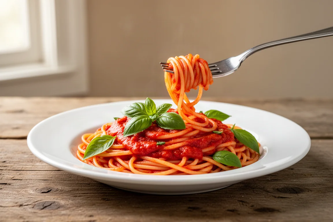 Un plato de pasta con salsa de tomate enrollándose con un tenedor