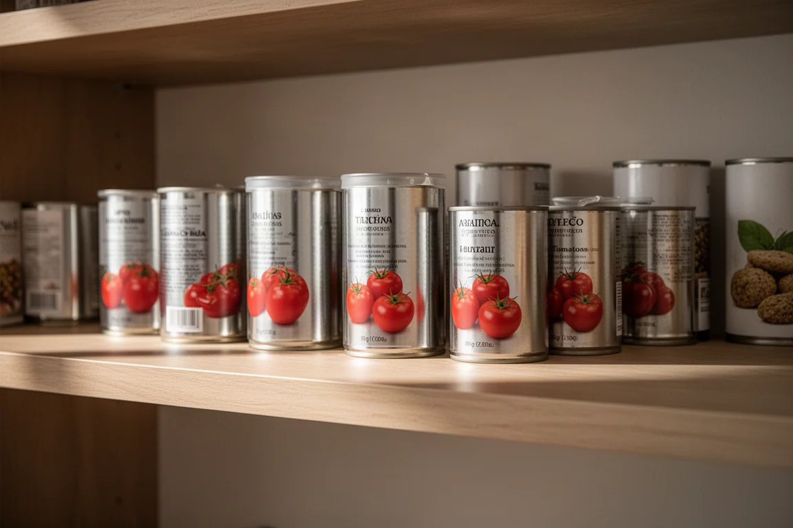 Filas de latas de tomates alineadas en una estantería de despensa