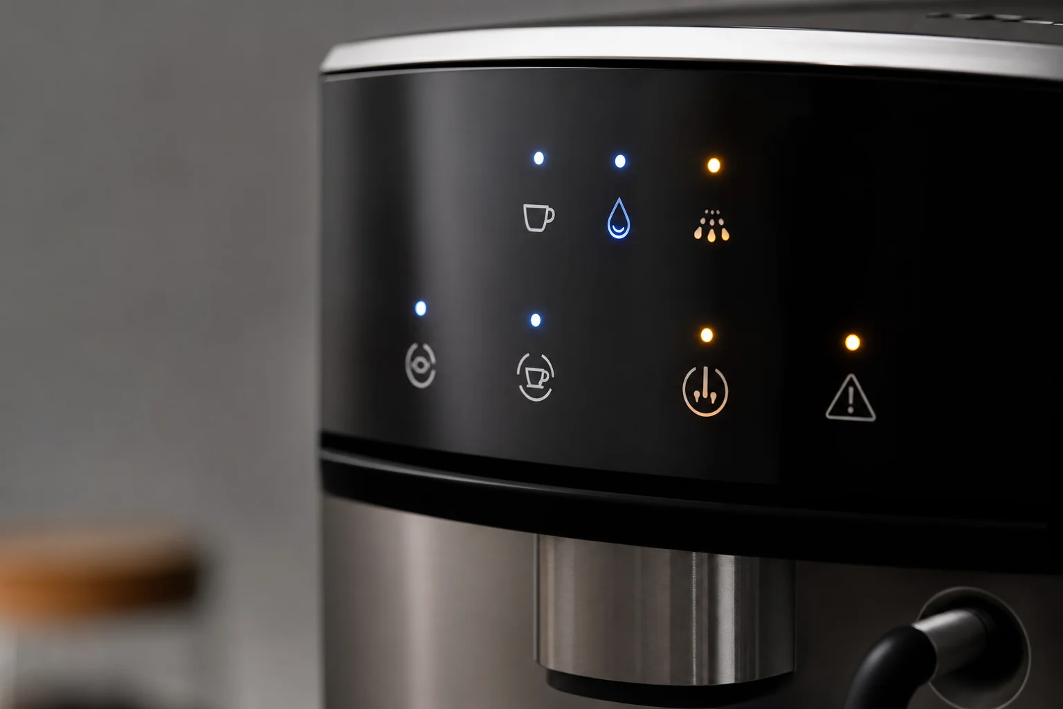 LEDインジケーターが点灯しているコーヒーメーカーのコントロールパネル
