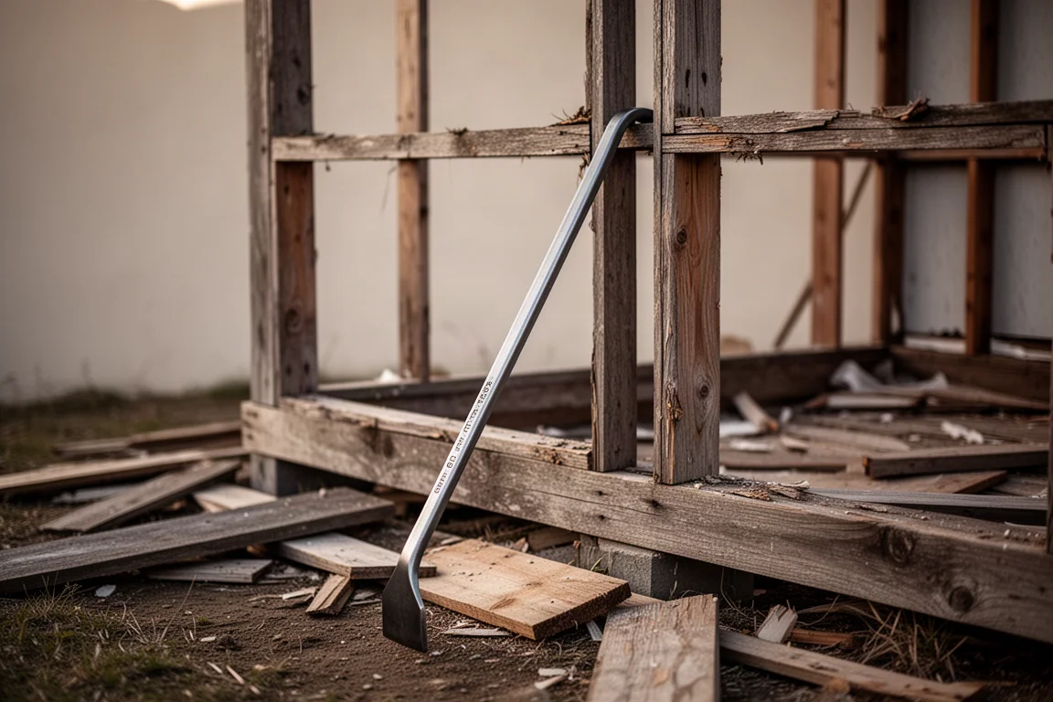 Long levier en acier appuyé contre une structure en bois en cours de démolition