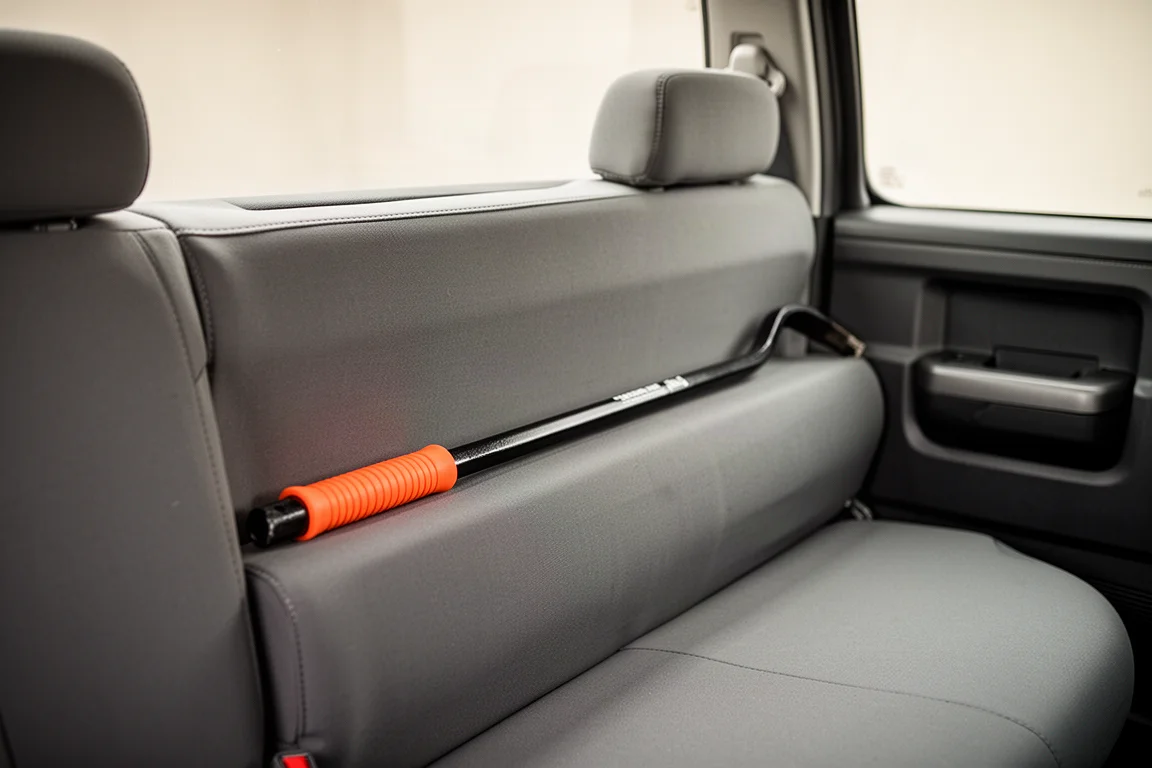 Long levier rangé à plat derrière les sièges arrière d'un pick-up
