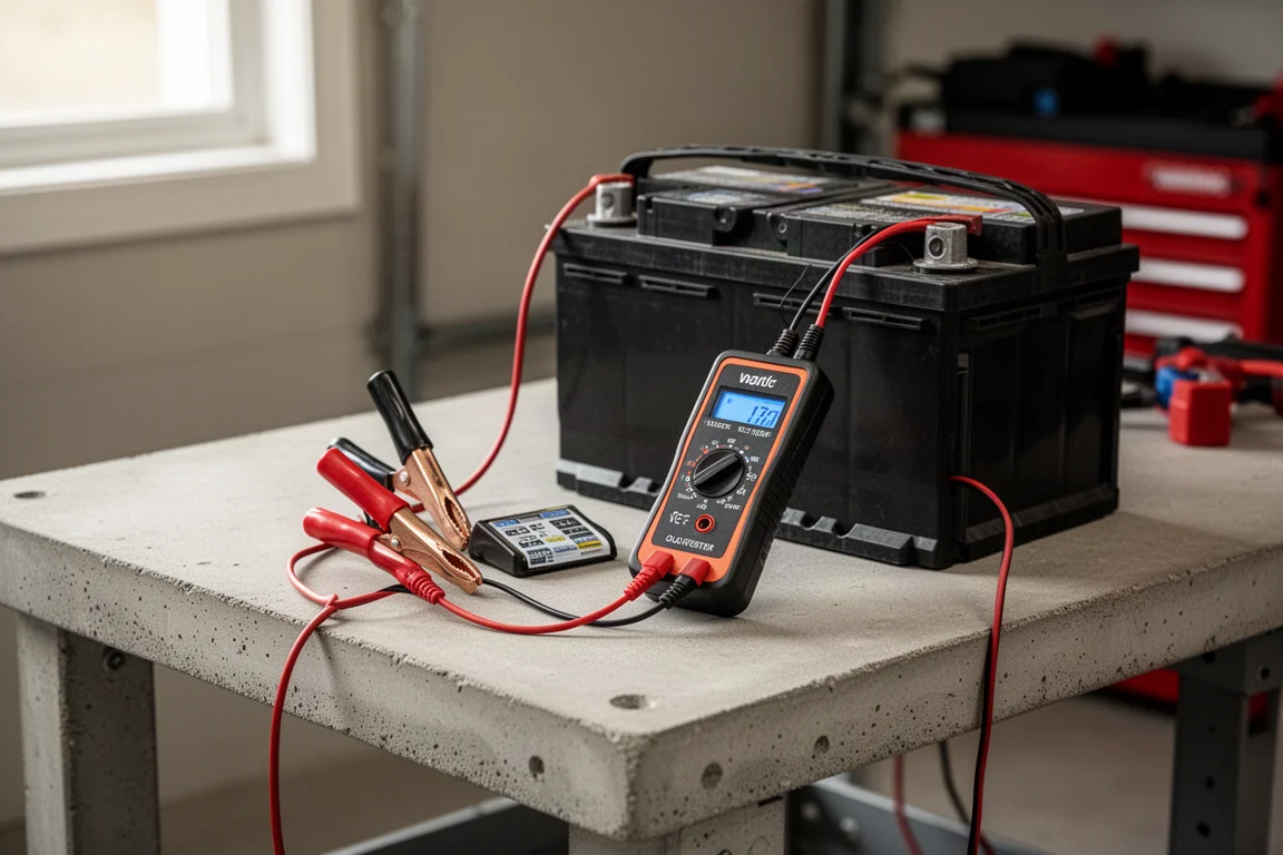 Testeur de batterie fixé à une batterie de voiture avec des pinces crocodile sur un établi