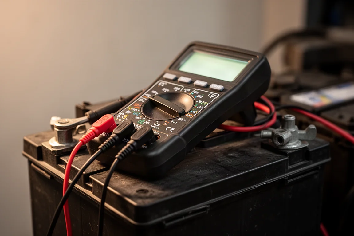 Multimètre affichant une lecture de tension à côté d'une batterie de voiture