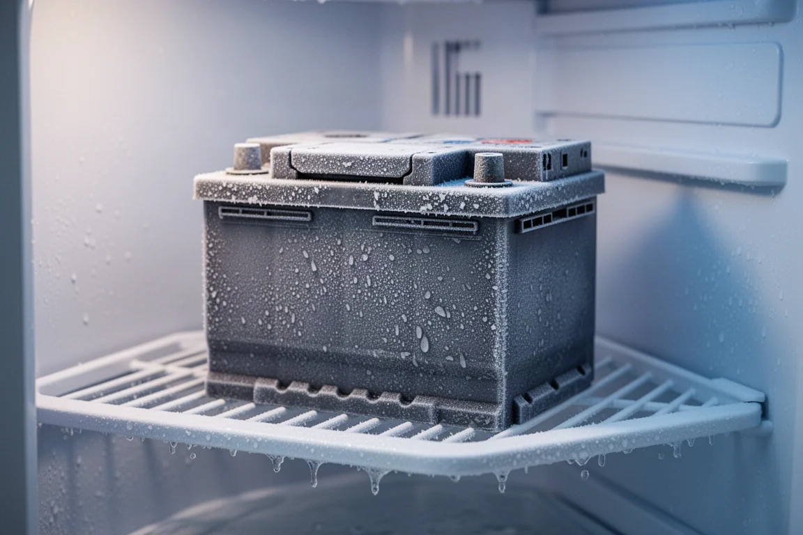 Batterie de voiture givrée dans un congélateur avec du givre visible sur sa surface