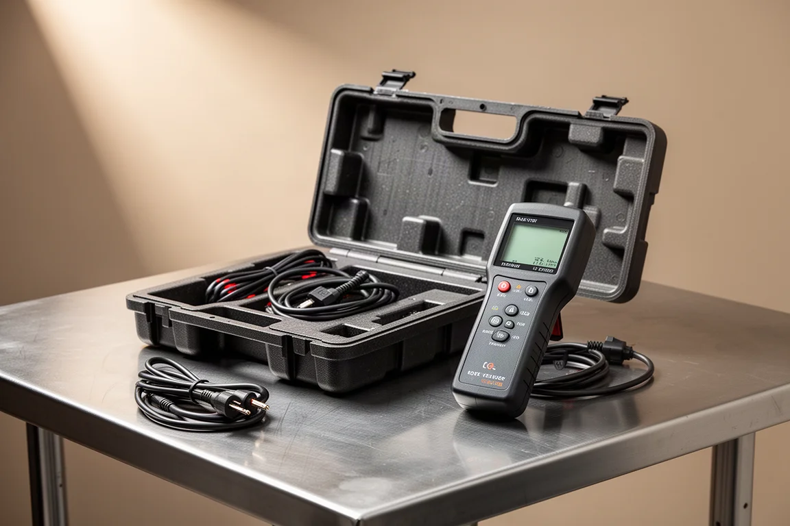 Testeur de batterie et sa valise de transport disposés sur un établi de garage propre