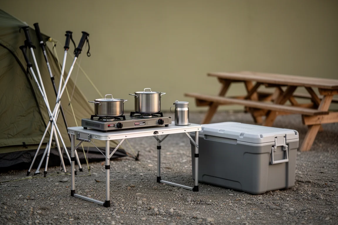 Postazione di cucina da campeggio con tavolo pieghevole, fornello, pentola e ghiacciaia sulla ghiaia