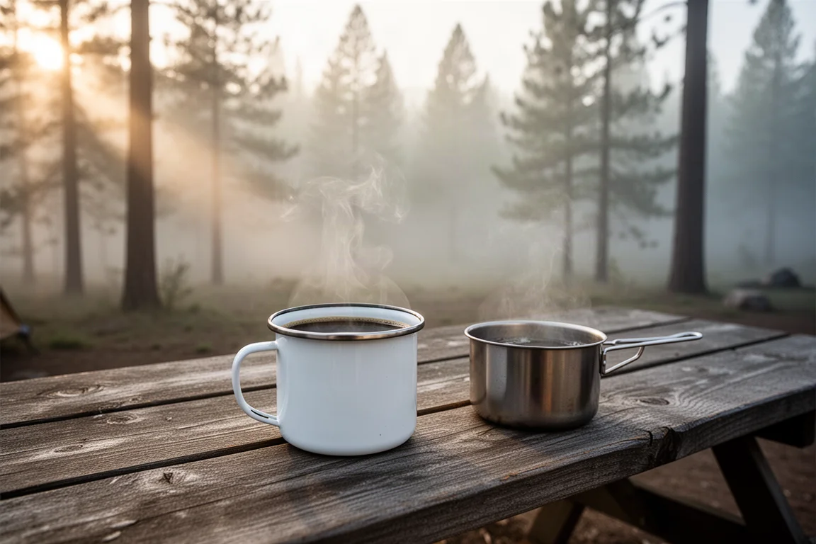 Tazza smaltata di caffè nero su un tavolo da picnic in legno nella nebbia mattutina