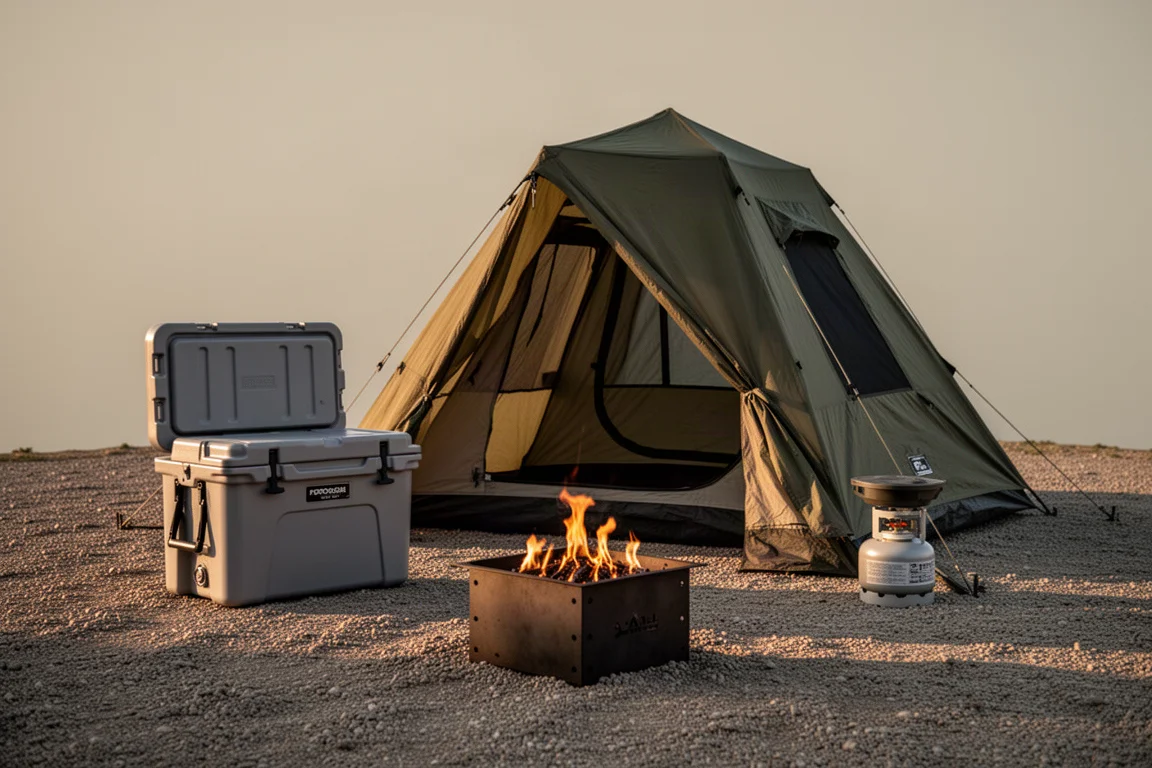 Car camping campsite with a tall tent, hard cooler and propane fire pit on gravel at golden hour
