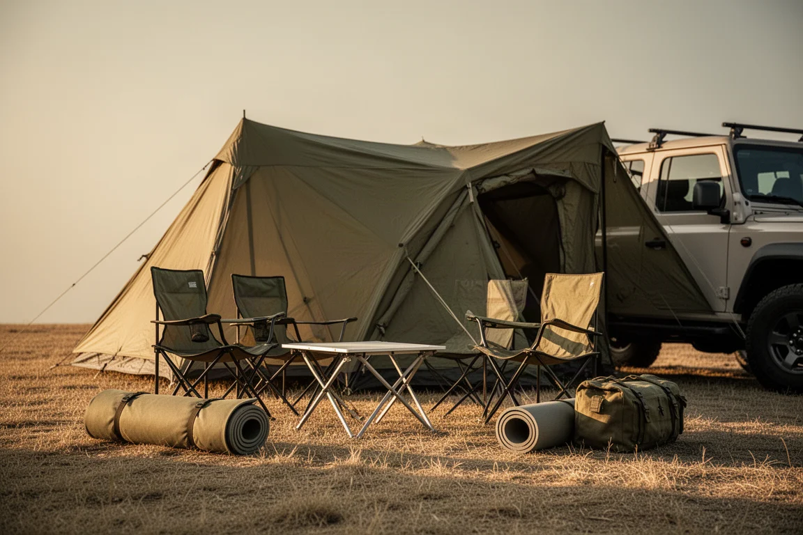 Car camping site at golden hour with a tent, chairs and gear laid out on dry grass
