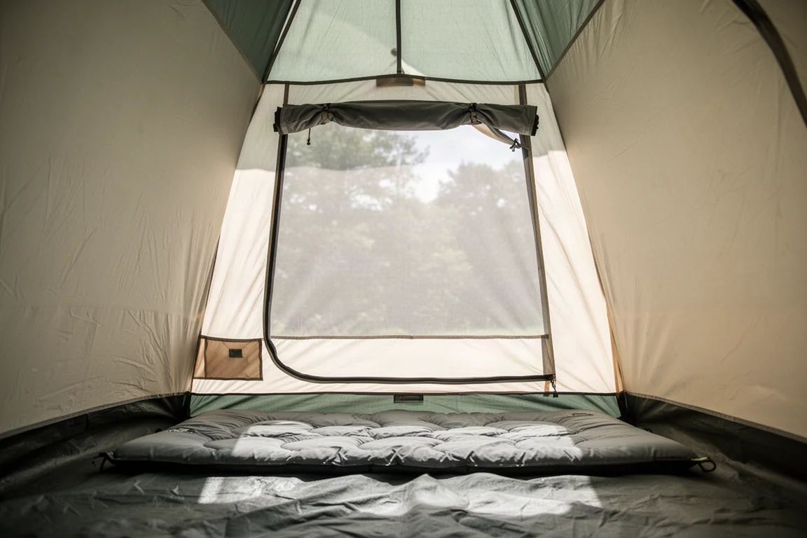 Interior of a tall camping tent with daylight coming through a large mesh window