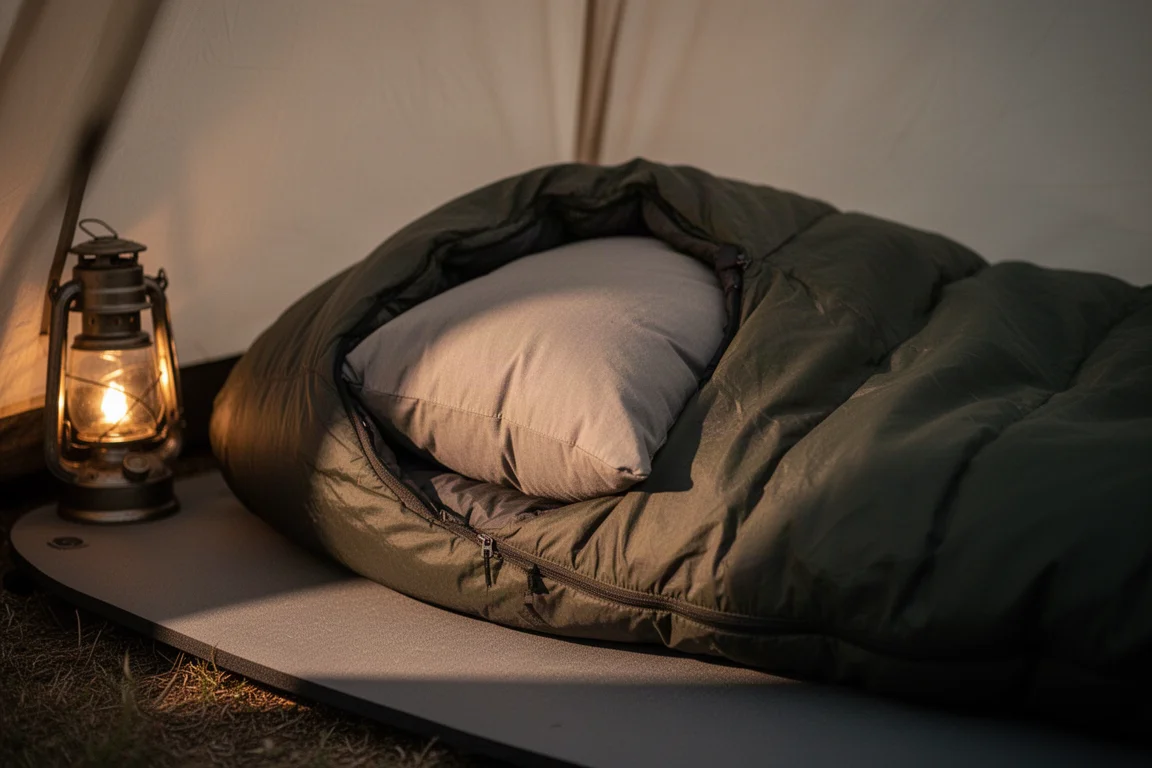 Camp pillow tucked into a sleeping bag hood inside a tent lit by a lantern