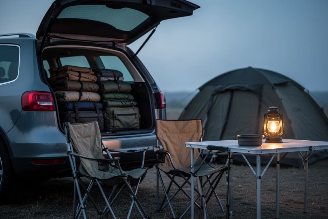 Dusk car camping scene with an open tailgate full of gear and a lantern on a table