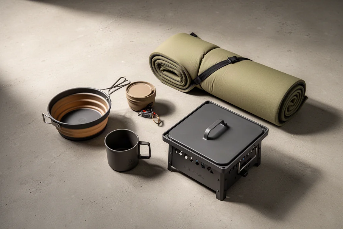 Flat-lay of car camping gear including a collapsible pot, mug, sleeping pad and propane fire pit