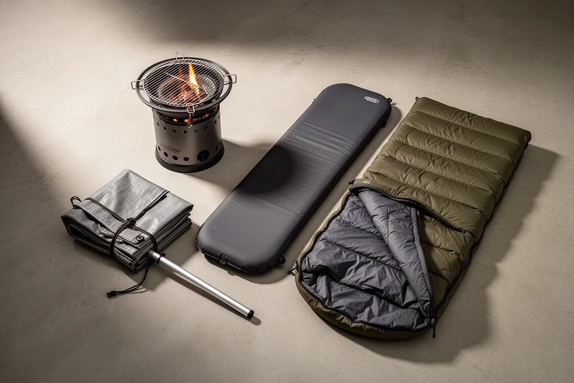 Car camping gear arranged on concrete: propane fire pit, folded vehicle tarp, sleeping pad, and sleeping bag