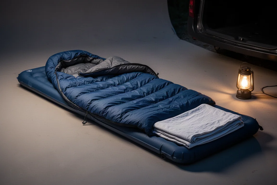 幅広のスリーピングパッドと開いたシュラフを備えた夜のキャンプ車内