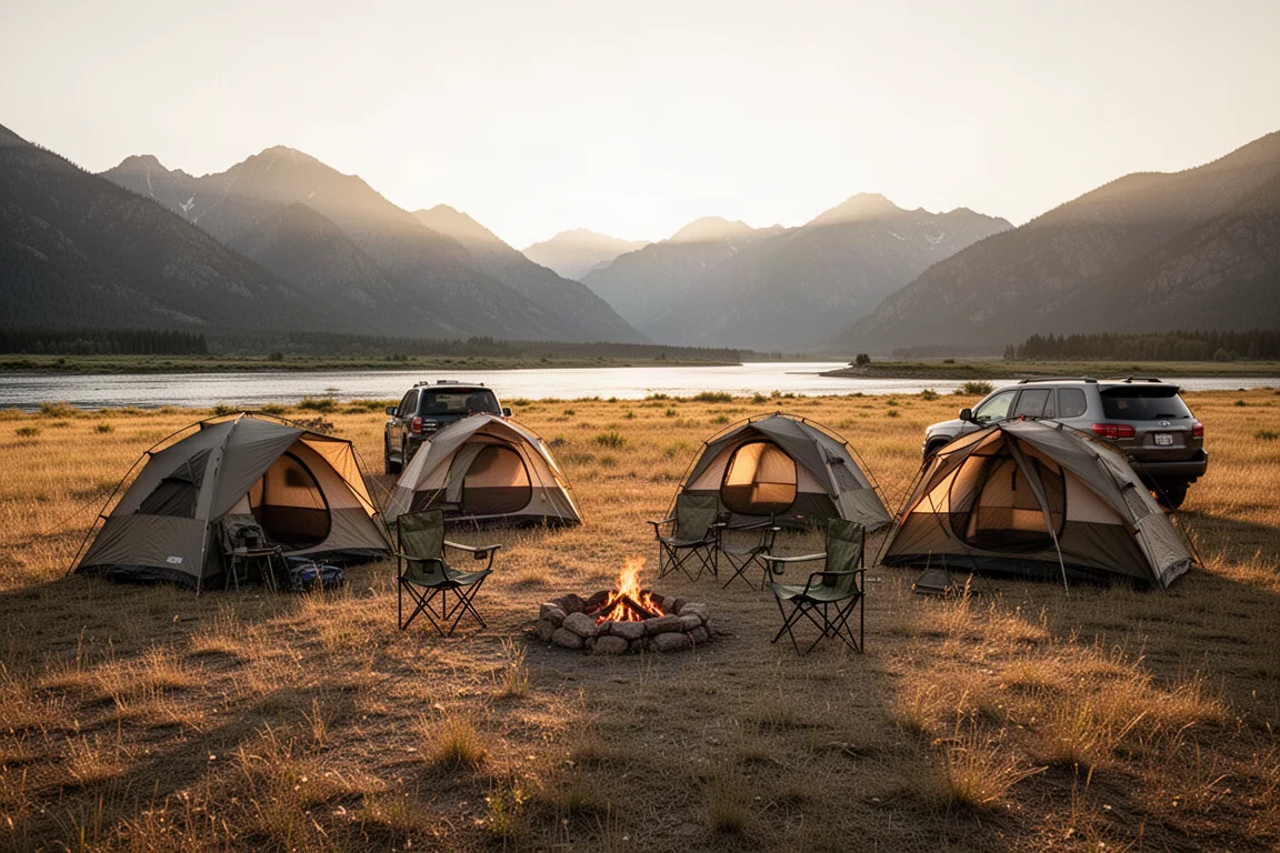 Car camping campsite with tents and vehicles in a wide river valley at golden hour