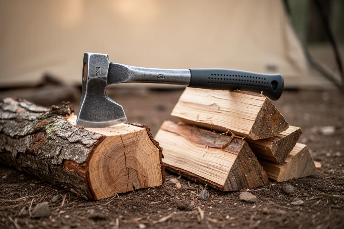 Forged steel camp axe resting on a split log next to a stack of firewood