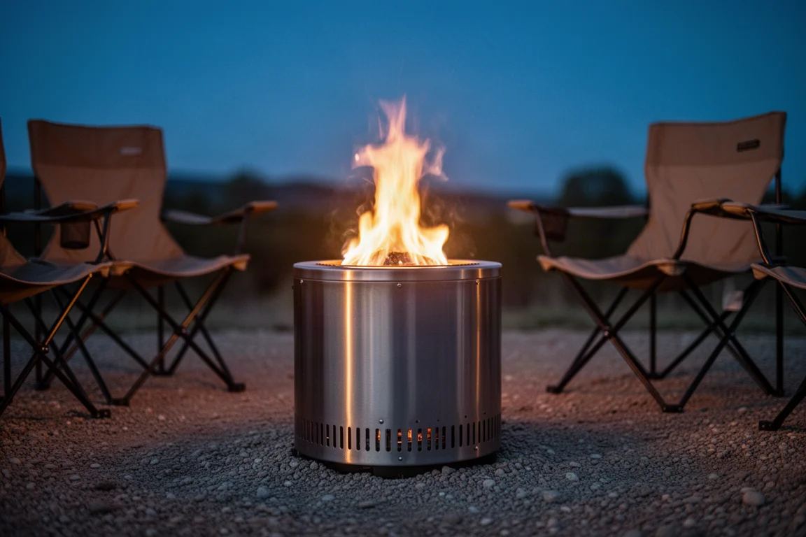 Smokeless stainless fire pit glowing with flames at dusk on a gravel campsite