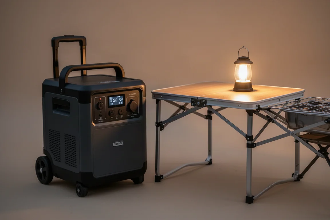 Portable power station on wheels beside a camp kitchen table with soft evening lighting