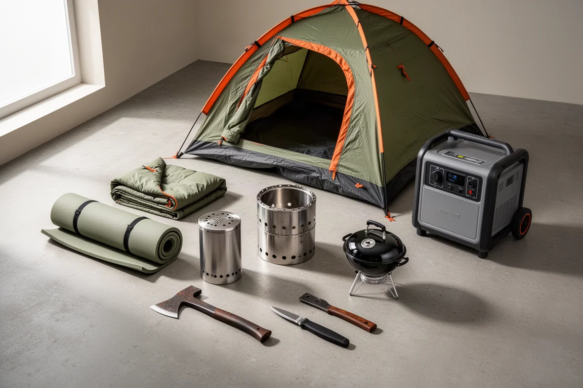 Flat-lay of car camping gear including tent, fire pit, grill, axe, and power station