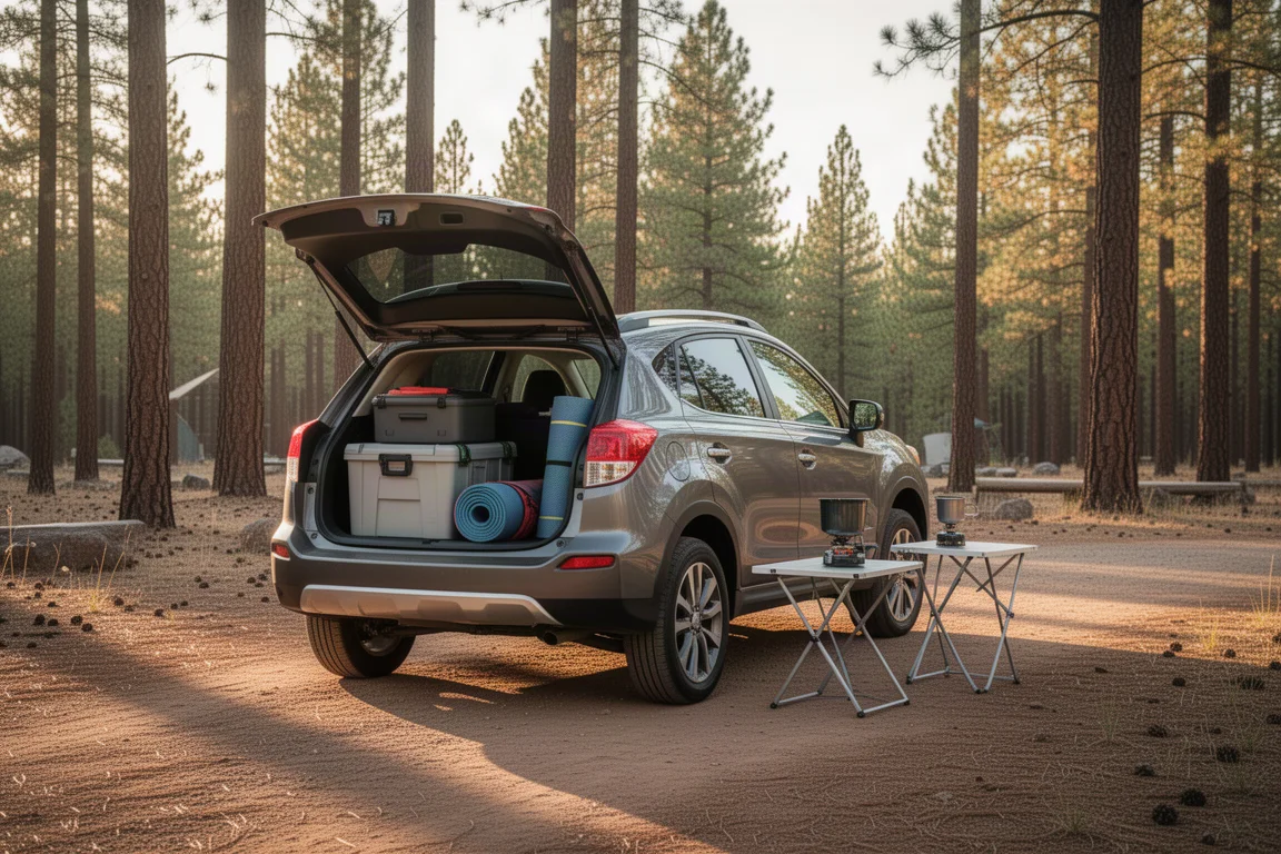 Compact crossover parked at a pine forest campsite with camp gear laid out