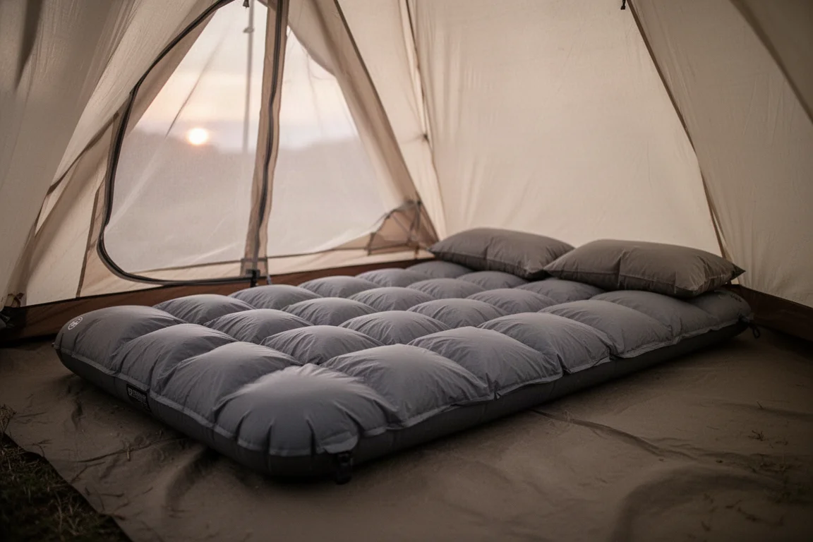 Grey down camp quilt draped over a large sleeping pad inside a tent