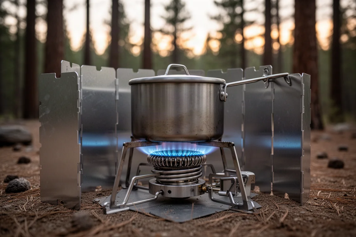 Blue flame ring under a pot on a two-burner camp stove at a forest campsite