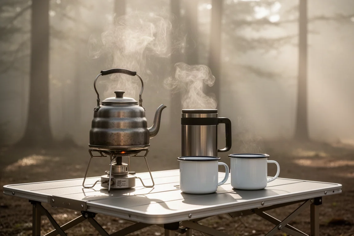 Steaming collapsible kettle and insulated press mug on a camp table at sunrise