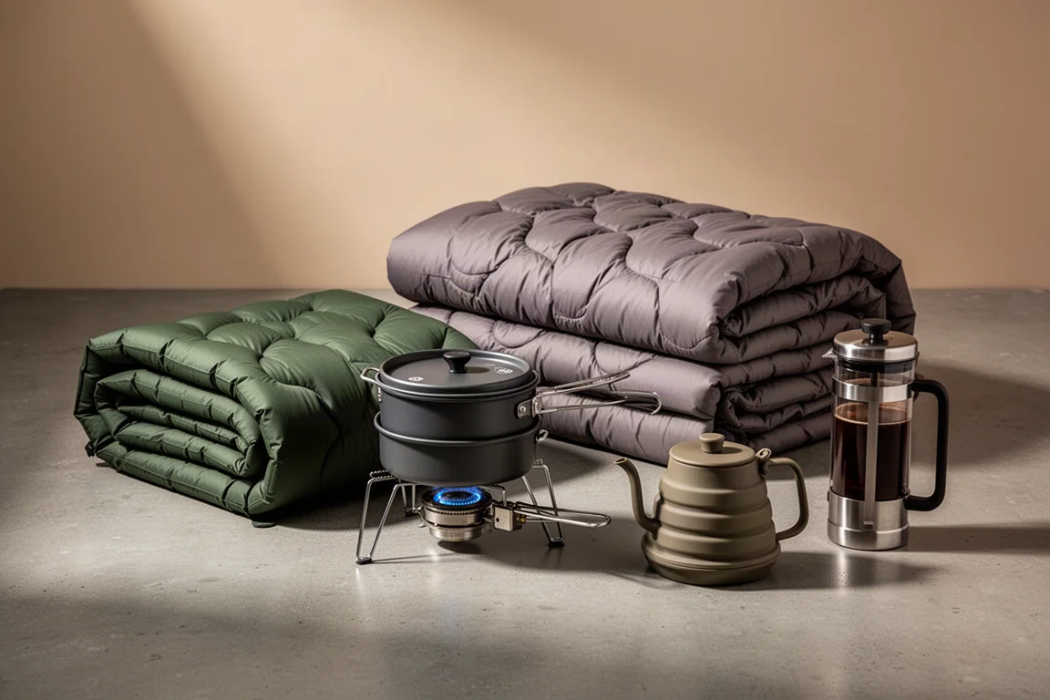 Car camping sleep and cook gear arranged on a concrete surface