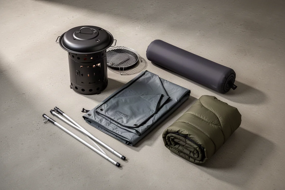 Car camping gear flat-lay with fire pit, vehicle tarp, sleeping pad and sleeping bag