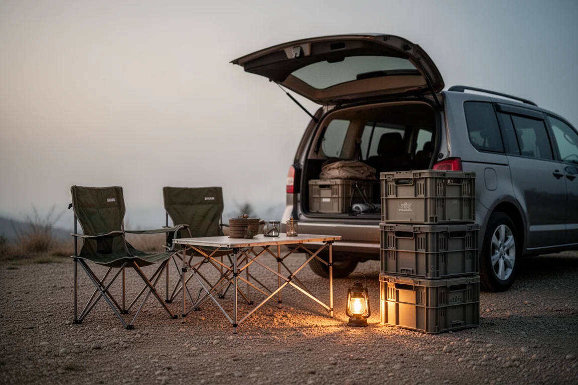 Organized car camping setup at dusk with open tailgate, camp table and warm lantern light