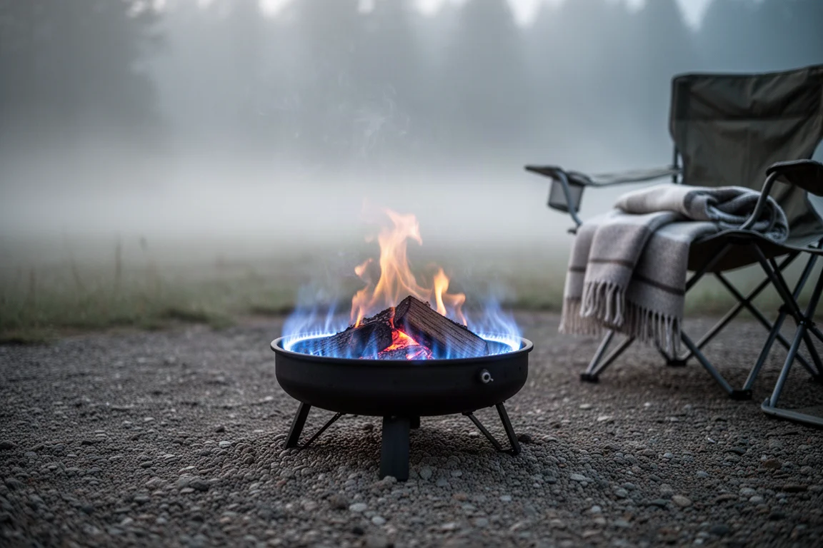 Low blue propane flame ring glowing from a compact fire pit on a gravel campsite pad
