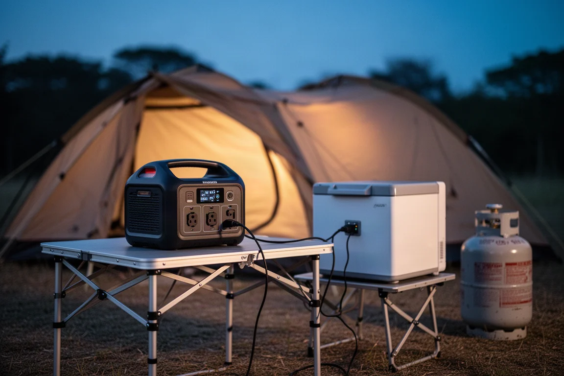 Evening camp scene with a power station on a table powering a small fridge box