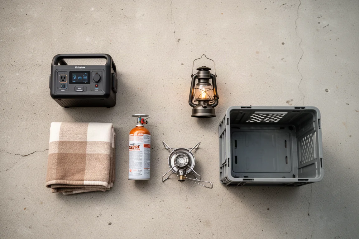 Overhead flat-lay of car camping essentials arranged on a concrete surface