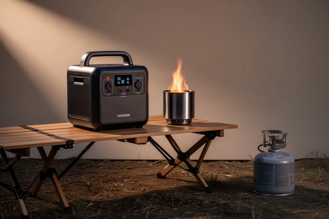 Car camping table at dusk with a portable power station, propane fire pit, and propane tank