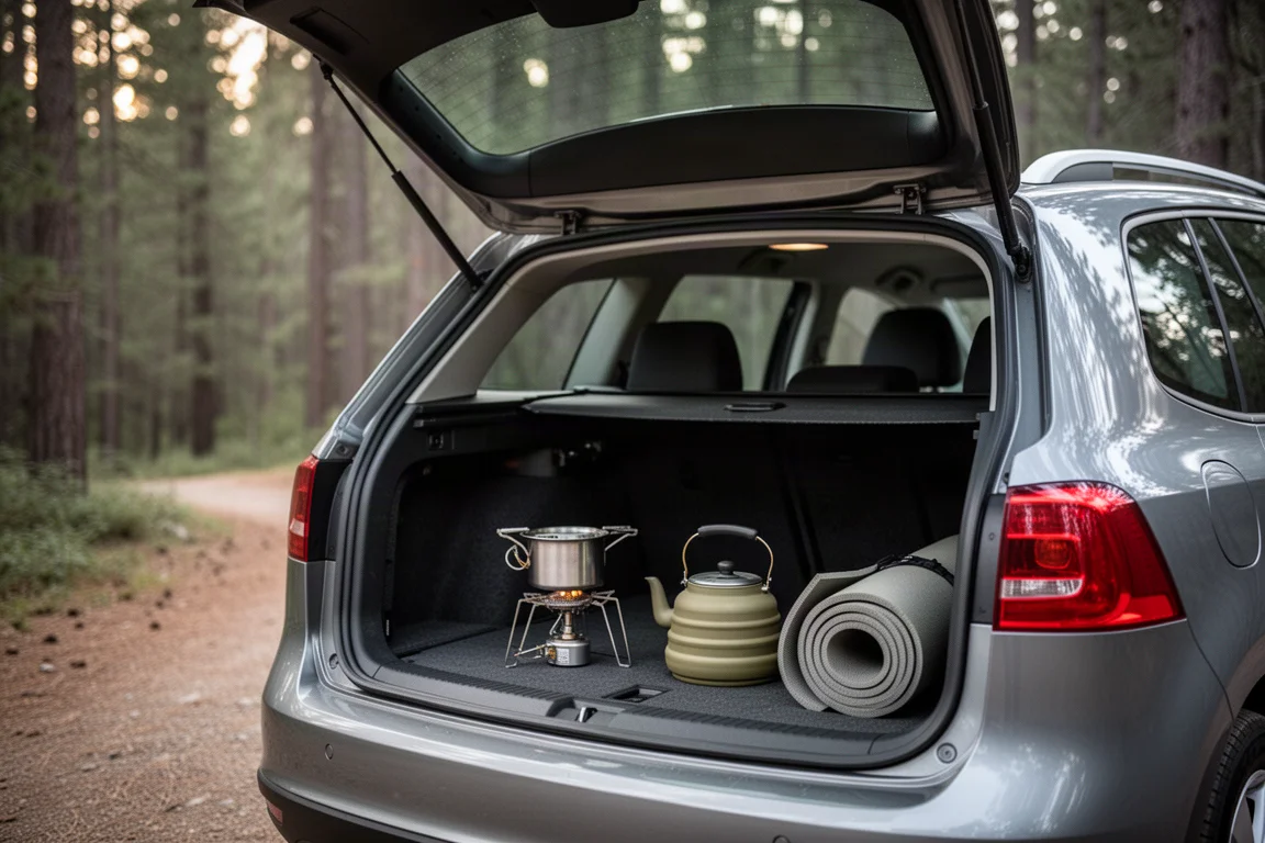 Offene SUV-Heckklappe, beladen mit einem Campingkocher-Set, einem faltbaren Wasserkessel und einer gerollten Schlafmatte an einem Waldweg