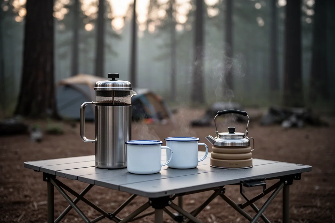 Campingtisch im Morgengrauen mit einer isolierten French Press, zwei Emaillebechern und einem kleinen faltbaren Wasserkessel