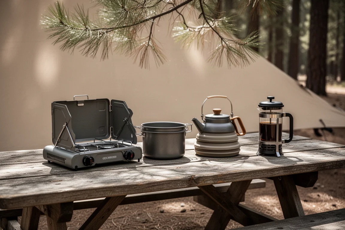 Campingküchenausrüstung in einer Reihe auf einem verwitterten Picknicktisch im Wald
