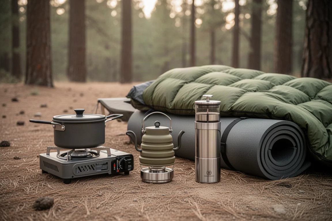 Car camping cook and sleep gear arranged at a forest campsite clearing
