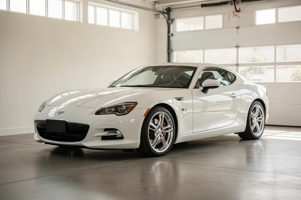 White sports car in a bright garage with glossy paint and reflections