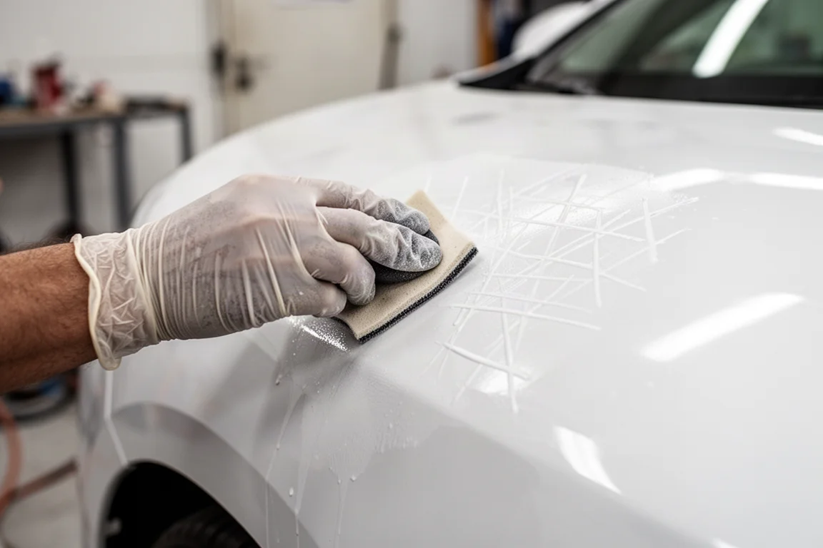 Detailer applying ceramic coating to a white car panel with an applicator pad