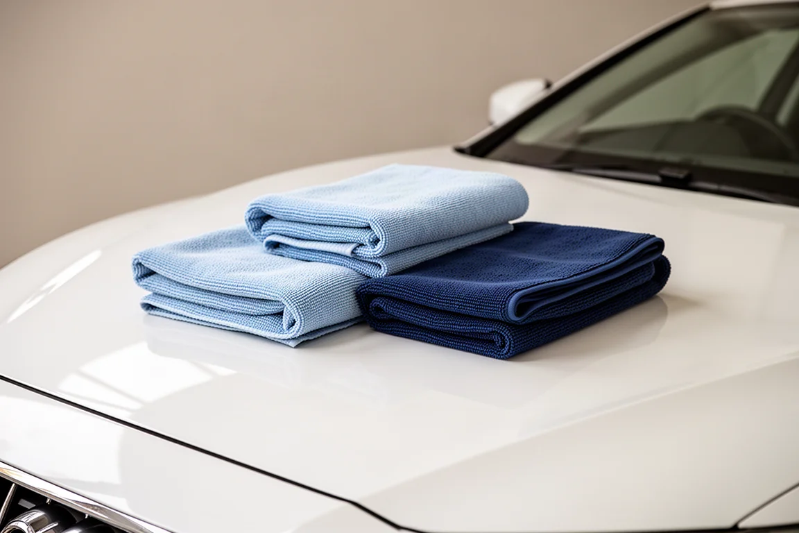 Two microfiber towels in light blue and dark blue on a car hood
