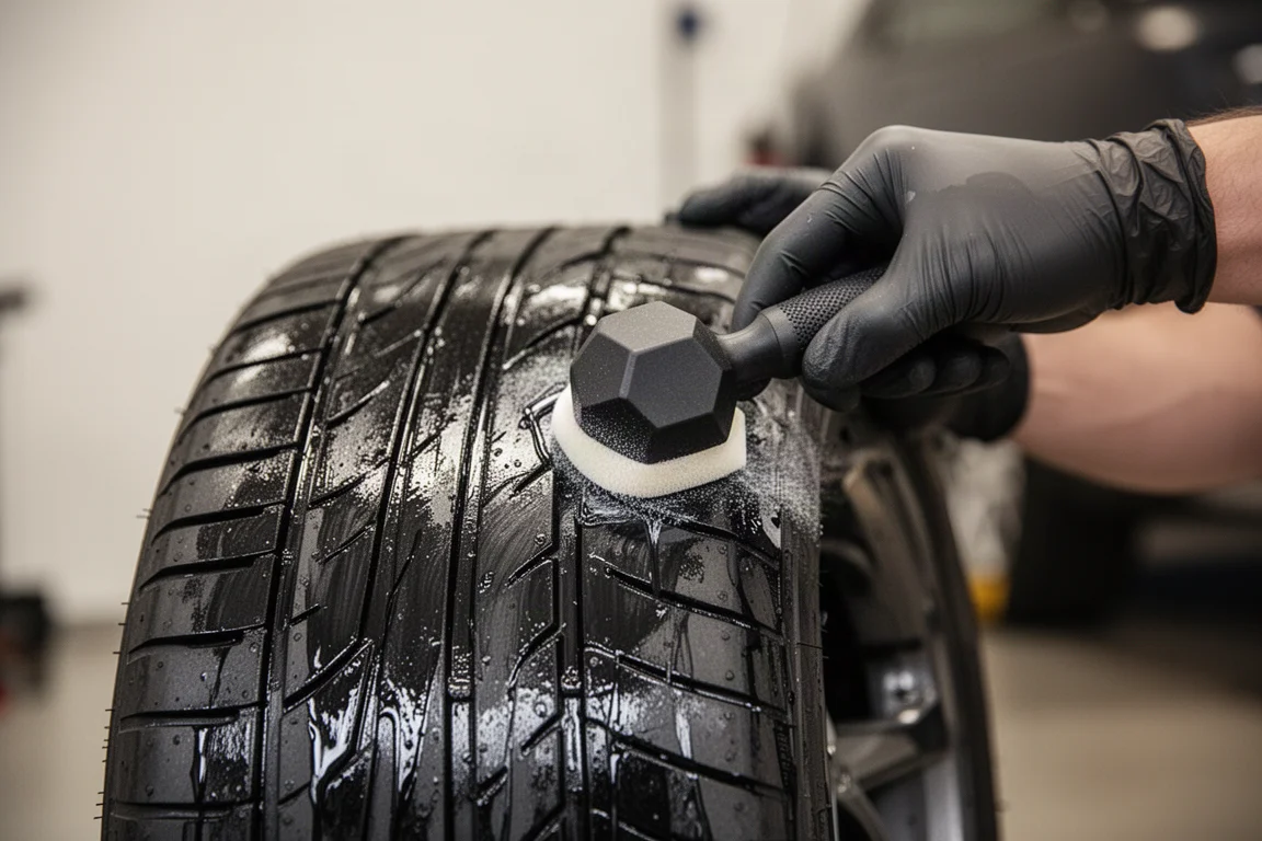 Detailer applying tire dressing to a car tire with an applicator
