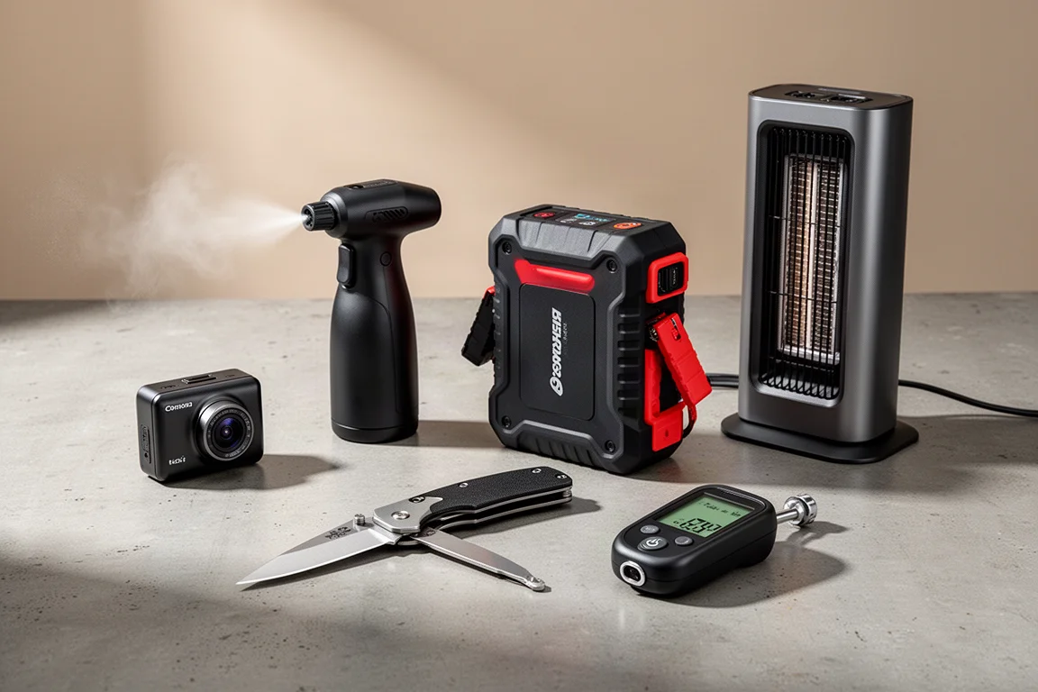 Dash cam, air duster, jump starter, folding knife, tire gauge and tower heater on concrete