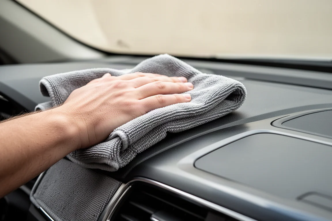 Wiping a car dashboard with a microfiber towel in soft daylight