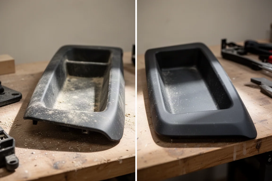 Dusty car interior trim panel next to a clean one for comparison