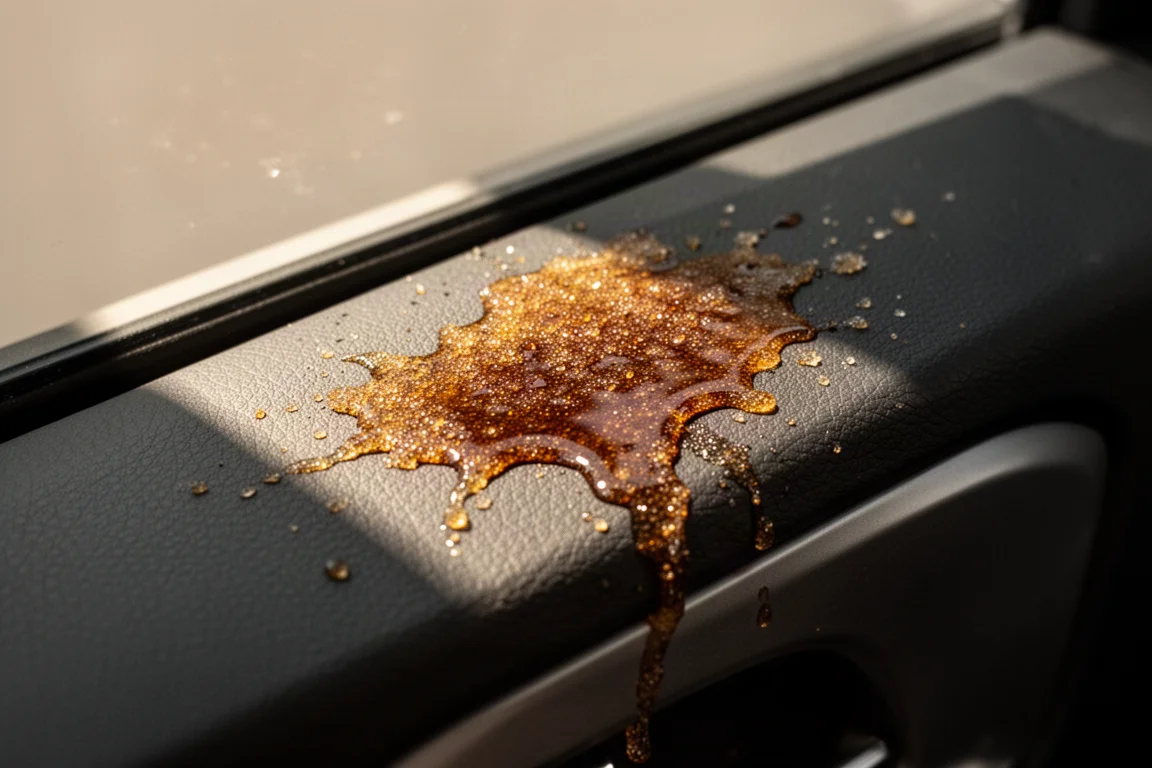 Sticky dried coffee spill on a plastic car trim panel